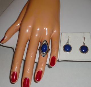 Vintage Sterling Silver 925 Lapis Lazuli Size 4 5 Ring Earring Set
