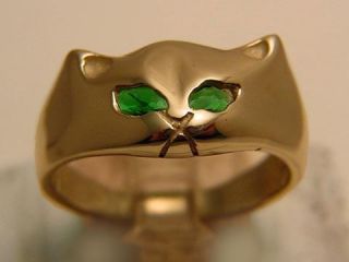 Custom Made 10K Gold Cat w Emerald Eyes Ring