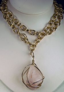 Large Handcrafted Rose Quartz Wire Caged Rock Pendant Necklace