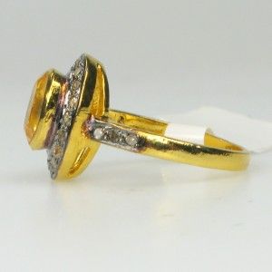  Victorian Style .4ct Rose Cut Diamond Citrine Gold Silver Ring RCR12