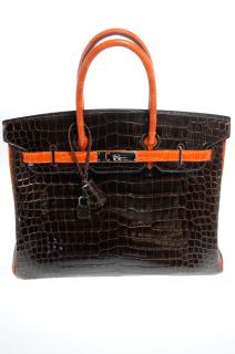 Hermes Brown Croc with Orange Trim Birkin 35 Crocodile Handbag