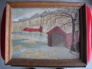 Vintage Folk Art Wood Covered Bridge Painting Signed