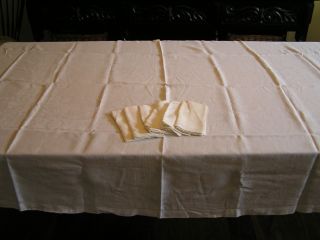 Vintage Linen Damask Tablecloth and Napkins with Hemstitch