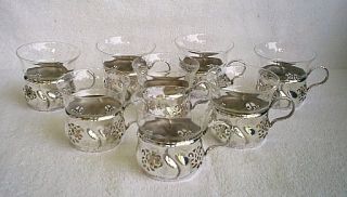  Reticulated Silver Plate Punch or Tea Cup Holders with Glass Inserts