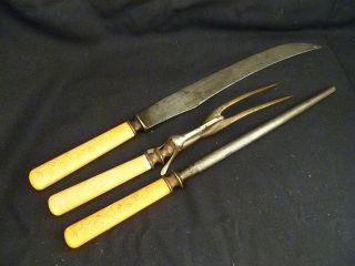 Vintage Carving Set Bakelite Handles Knife Fork Yellow