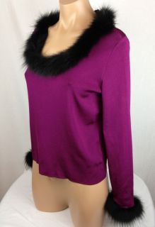 Dana Buchman Sz M Petite Purple Maroon Knit Black Fox Fur Trim Scoop