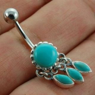 American Turquoise Drop Dangling Belly Ring 316L Steel Silver F282TQ