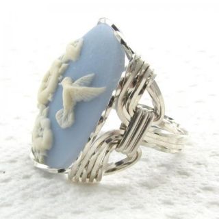 Hummingbird Blue Cameo Ring Sterling Silver Custom Jewelry