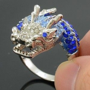 silver tone cute animal dragon cocktail ring size 7 w blue swarovski