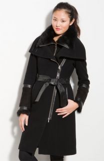 Mackage Belted Coat with Leather & Shearling Trim