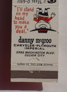  Matchbook Danny McGroo Chrysler Plymouth Imperial Car Culver City CA