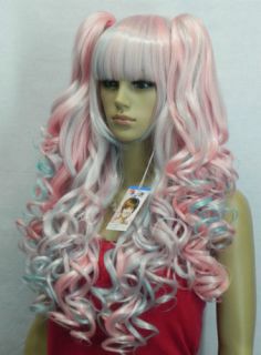 Pretty Pink Blue Mix Long Curly Cosplay Split Type Wig