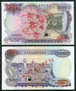 Singapore 1000 Dollars Specimen de La Rue Orchid Series Banknote