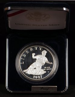 This is a 1997 Jackie Robinson Proof Silver Dollar Commemorative with