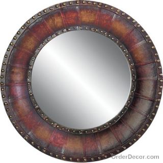 32 Round Wall Mirror Wood Leather Frame Western Decor