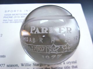1977 Dave Parker Crystal Baseball Award from Willie Stargell w Stars