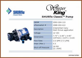 Shurflo Whisper King 12V Demand RV Fresh Water Pump w Fittings Brand
