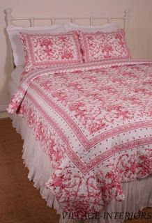  Rose Pink White Floral Toile de Jouy F Queen Quilt Shams Set
