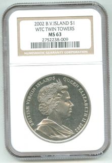 2002 MS63 B V Island $1 Silver Twin Tower WTC 9 11 01 RARE Coin