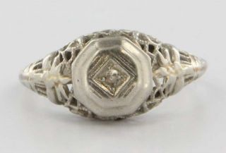 Antique Art Deco 14k White Gold Diamond Filigree Ring Fine Estate