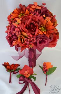  Wedding Bridal Bouquet Silk Flower Decoration Package APPLE RED ORANGE