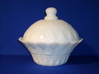 John Kemple Milk Glass Lace and Dewdrop Lacy Covered Compote 7 1 4