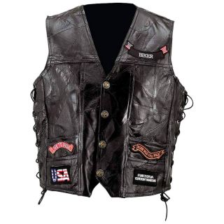 Mens Diamond Plate™ Buffalo Leather Motorcycle Vest w 14 Patches New