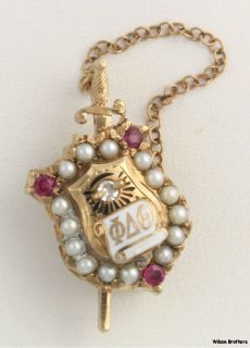 Phi Delta Theta Badge   10k Yellow Gold Pearl Diamond Ruby Fraternity