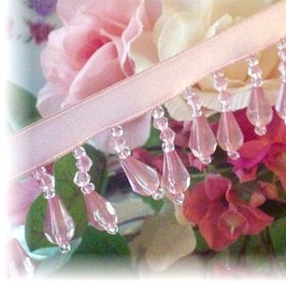  Shabby Pink Glass Beaded Lace Ribbon Trim Fringe