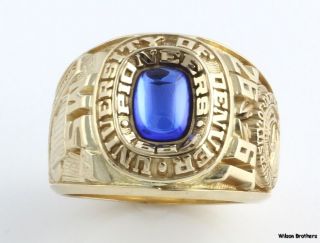 1992 University of Denver Syn Blue Spinel Class Ring   18k Gold Solid