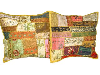 Indian Decorative Pillows 2 Yellow Patchwork Embroidered Sari Cushion