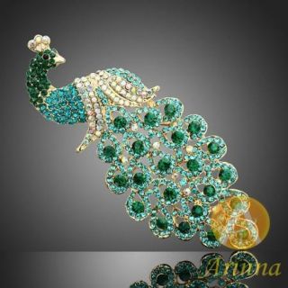  emerald peacock plume lovely brooch pin gold GP swarovski crystals