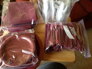Maroon Paper Plates and Plastic cutlery with napkins, clear cups and