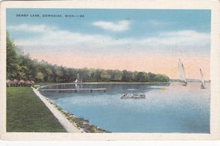Dewey Lake Dowagiac Michigan Vintage Sailboat Sailing 1930s Postcard