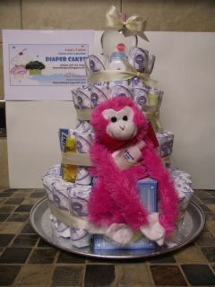 DIAPER CAKE 4 TIER PINK MONKEY & STUFF GIFT/DECORATION COSTUME MADE