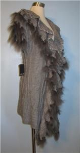 1x Dolce Cabo Gray Grey Long Draped Ruffle Front Raccoon Fur Sweater