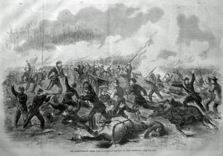 Fort Donelson hand to hand combat dead horse corpses 1862 print