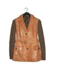 Massimo Dutti Brown Leather and Knit Belted Jacket Blazer