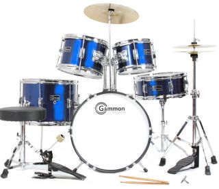 Junior Child 5 Piece Drum Set with Cymbals Stands Blue Everything