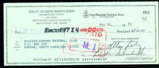  Milwaukee Brewers 1970 to Raleigh Durham Club signed authentic check