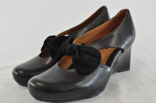 Earthies Bristol Black Soft Calf Leather Front Bow Accent Wedge Pumps