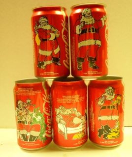RARE 1990 Set of 5 Coca Cola Santa Claus Cans NO TOPS APPLIED MINT