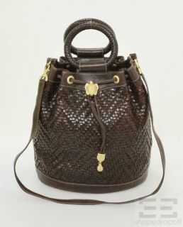  Cord Brown Woven Leather Convertible Drawstring Bucket Bag