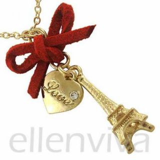 Paris Eiffel Tower Red Bow Heart Pendant Necklace Jewelry Gold Tone