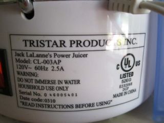 Jack Lalanne Electric Fruit Vegetable Power Juicer CL 003AP 250W