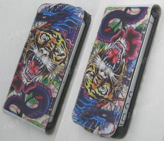 Ed Hardy Leather Tiger Skeleton Flip Case Cover for iPhone 4 4S 4G