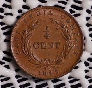 1845 Straits Settlements 1 4 Cent Coin AU