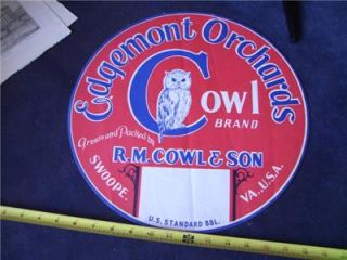 Vintage Edgemont Orchards Apple Barrel Label Swoope Va. W/ Owl