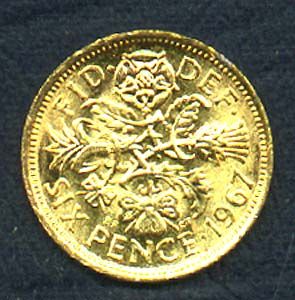  Original 1967 English Gold Plated Queen Elizabeth II Six Pence Coin
