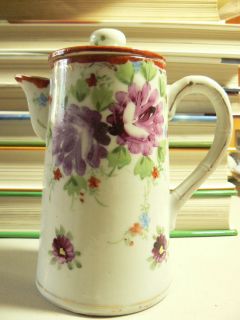 CHOCOLATE POT OLD UNMARKED DECORATED WITH HAND PAINTED FLOWERS
